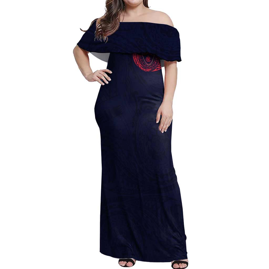 Personalized Melbourne Demons Polynesian Off Shoulder Maxi Dress Tribal Chest and Sleeve Tattoo Heritage Warrior