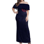 Personalized Melbourne Demons Polynesian Off Shoulder Maxi Dress Tribal Chest and Sleeve Tattoo Heritage Warrior