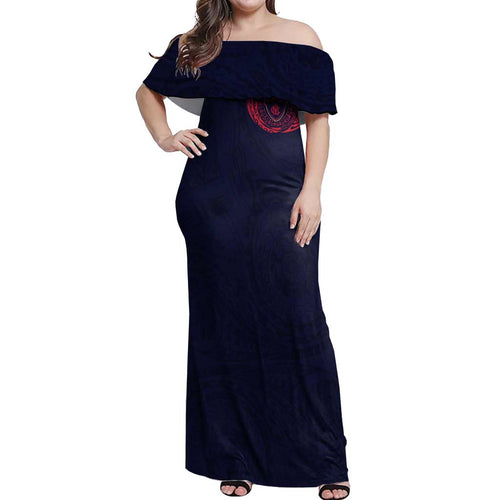 Personalized Melbourne Demons Polynesian Off Shoulder Maxi Dress Tribal Chest and Sleeve Tattoo Heritage Warrior