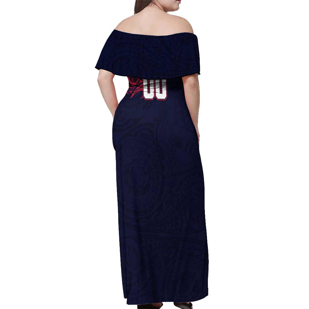 Personalized Melbourne Demons Polynesian Off Shoulder Maxi Dress Tribal Chest and Sleeve Tattoo Heritage Warrior