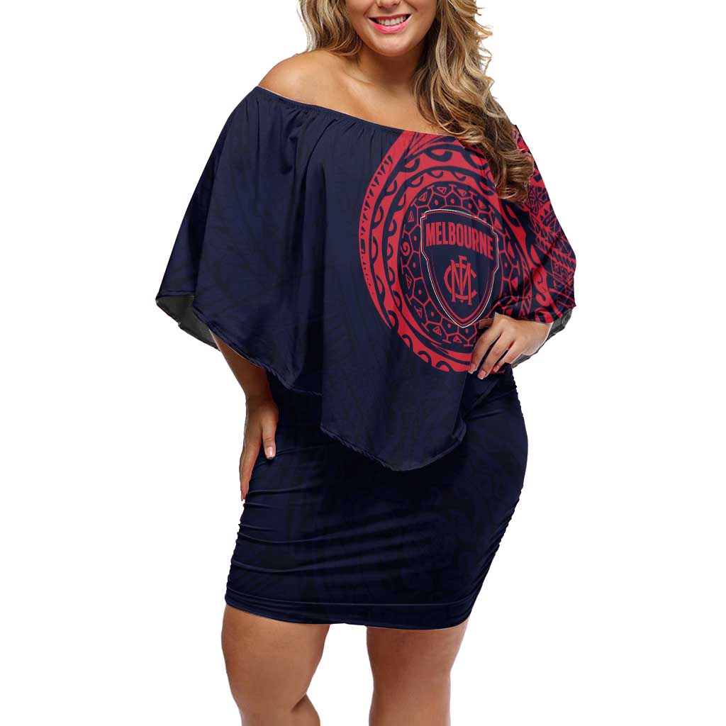 Personalized Melbourne Demons Polynesian Off Shoulder Short Dress Tribal Chest and Sleeve Tattoo Heritage Warrior