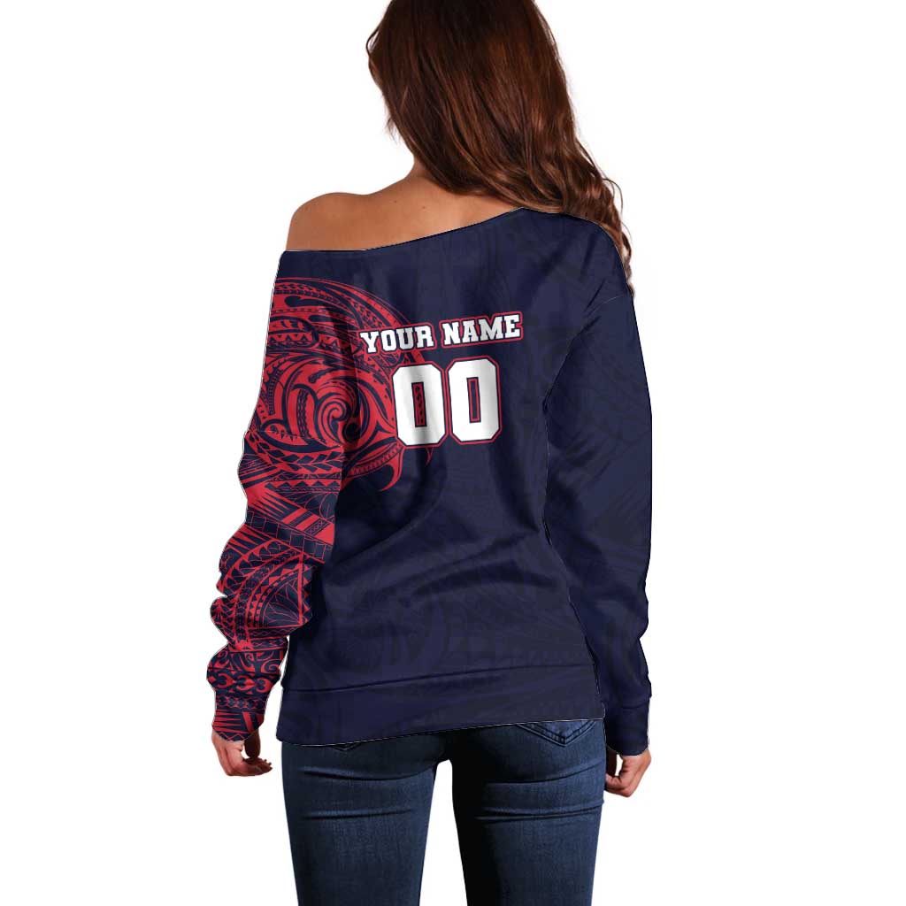 Personalized Melbourne Demons Polynesian Off Shoulder Sweater Tribal Chest and Sleeve Tattoo Heritage Warrior