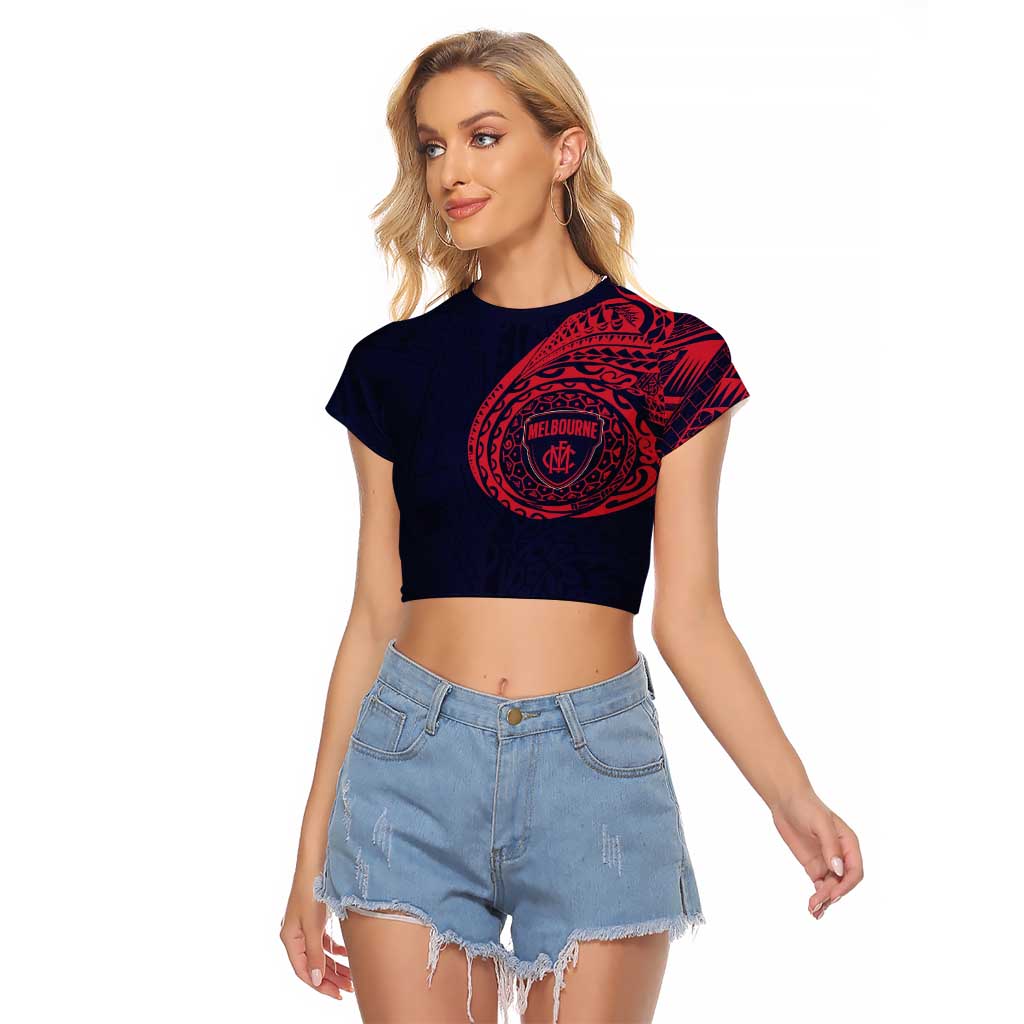 Personalized Melbourne Demons Polynesian Raglan Cropped T Shirt Tribal Chest and Sleeve Tattoo Heritage Warrior