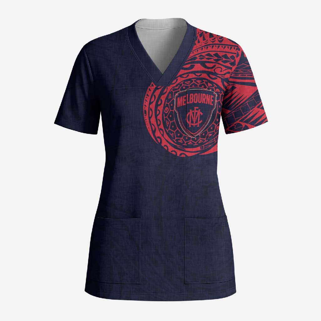 Personalized Melbourne Demons Polynesian Scrub Top Tribal Chest and Sleeve Tattoo Heritage Warrior
