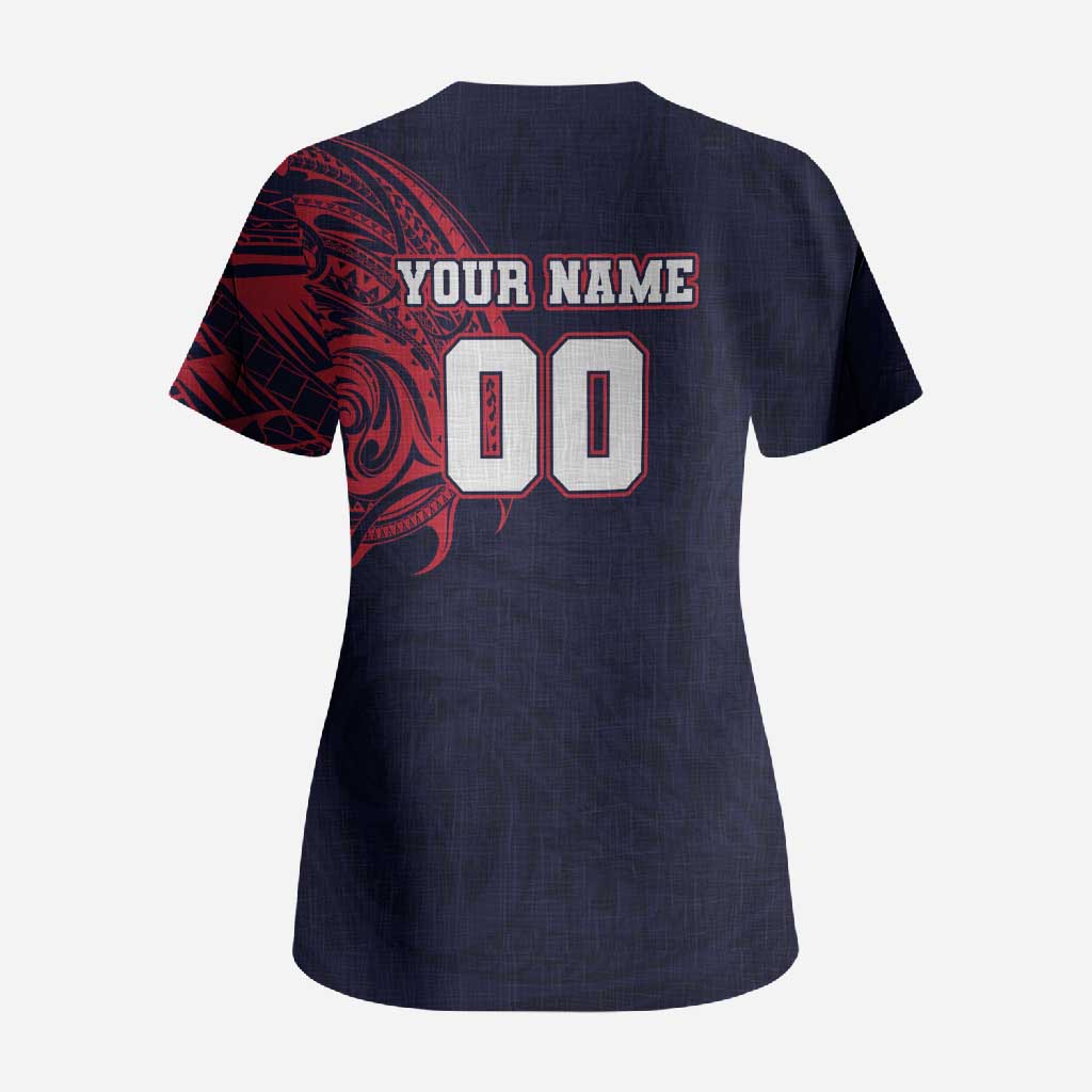 Personalized Melbourne Demons Polynesian Scrub Top Tribal Chest and Sleeve Tattoo Heritage Warrior