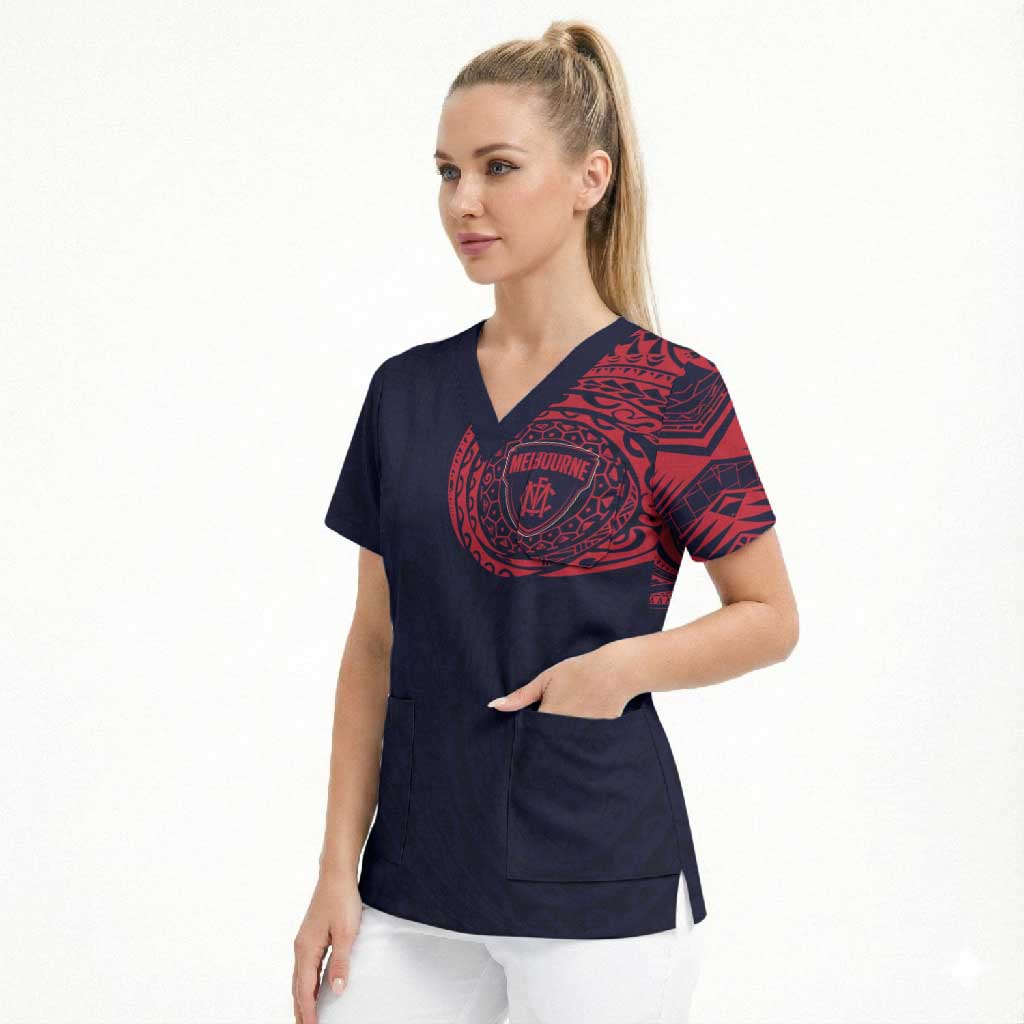 Personalized Melbourne Demons Polynesian Scrub Top Tribal Chest and Sleeve Tattoo Heritage Warrior