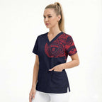 Personalized Melbourne Demons Polynesian Scrub Top Tribal Chest and Sleeve Tattoo Heritage Warrior