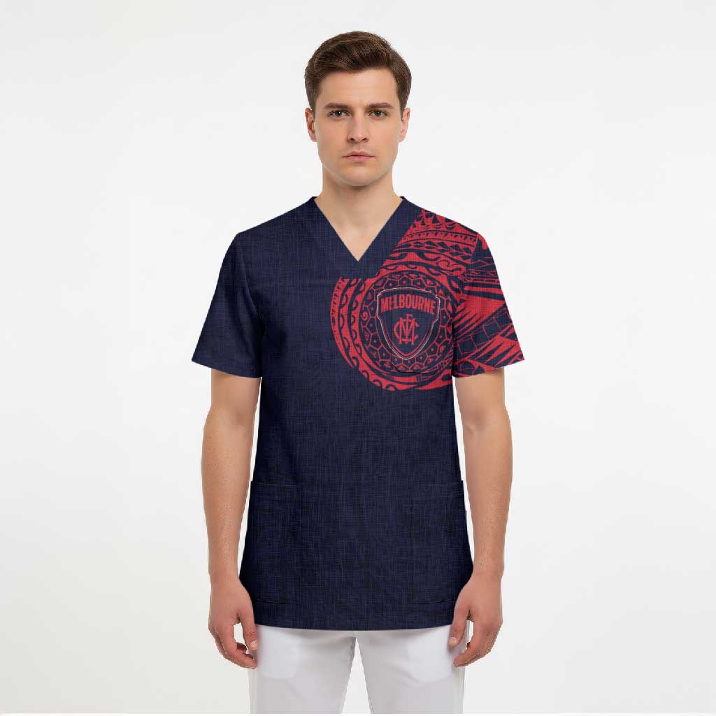 Personalized Melbourne Demons Polynesian Scrub Top Tribal Chest and Sleeve Tattoo Heritage Warrior