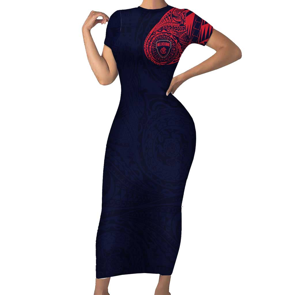 Personalized Melbourne Demons Polynesian Short Sleeve Bodycon Dress Tribal Chest and Sleeve Tattoo Heritage Warrior