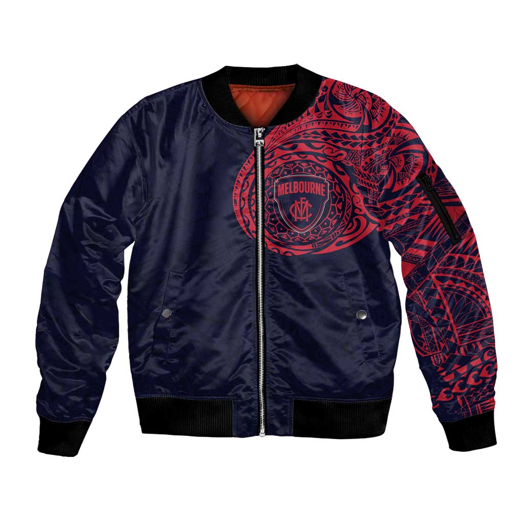 Personalized Melbourne Demons Polynesian Sleeve Zip Bomber Jacket Tribal Chest and Sleeve Tattoo Heritage Warrior