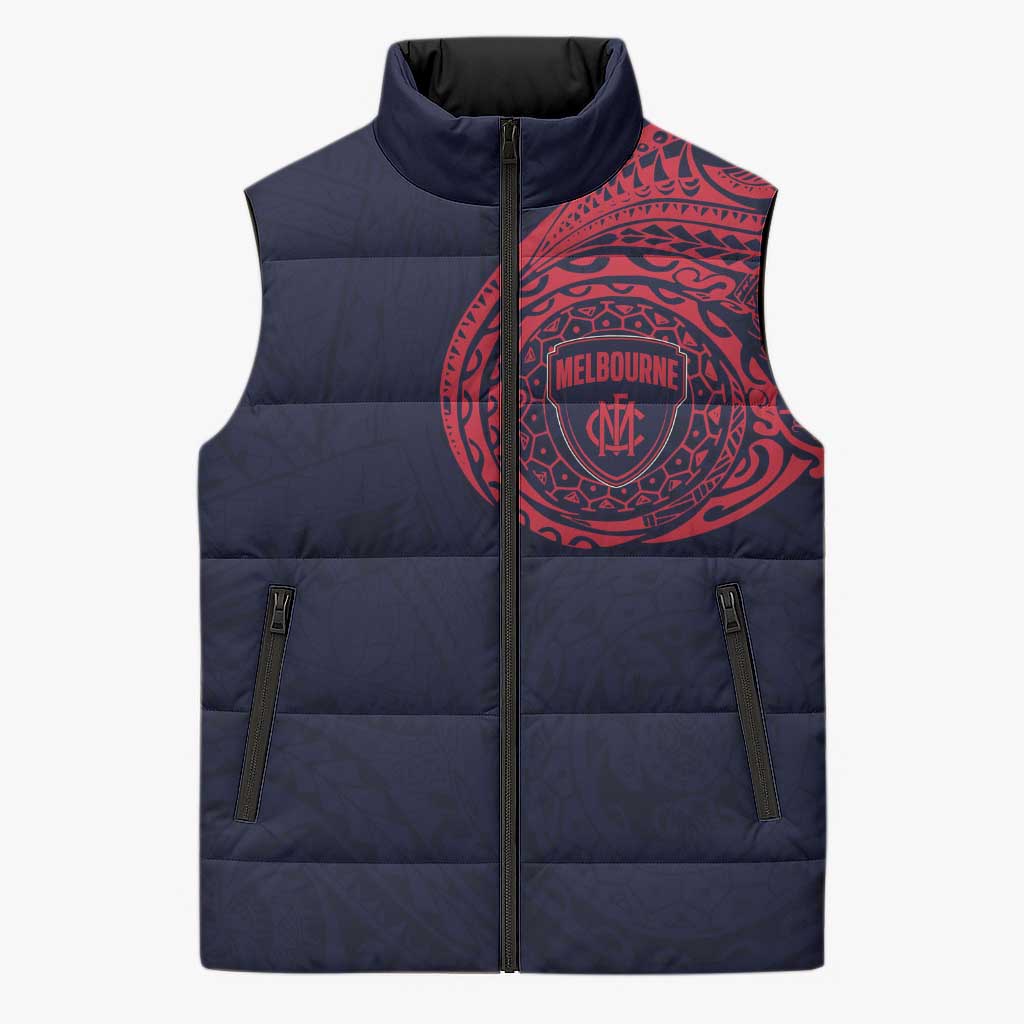 Personalized Melbourne Demons Polynesian Sleeveless Puffer Jacket Tribal Chest and Sleeve Tattoo Heritage Warrior