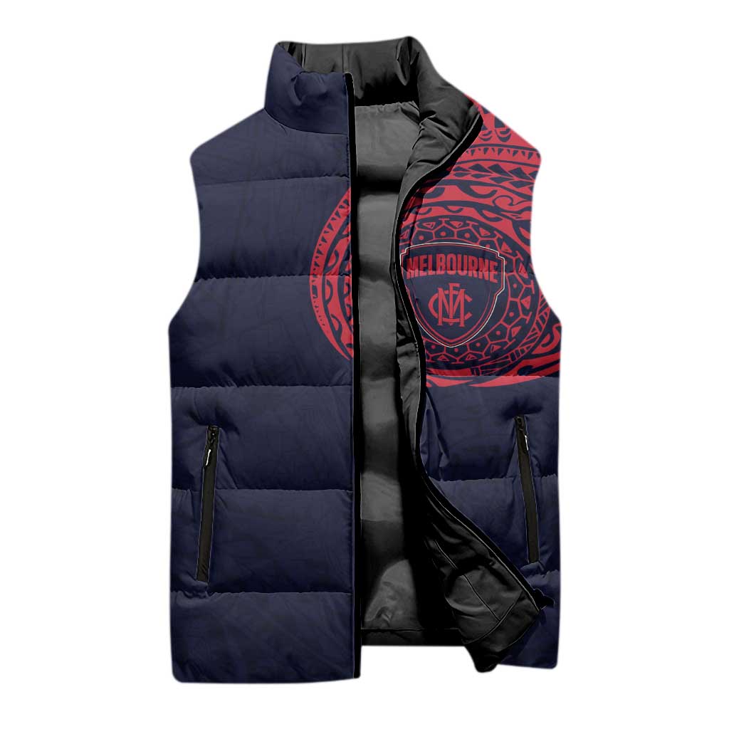 Personalized Melbourne Demons Polynesian Sleeveless Puffer Jacket Tribal Chest and Sleeve Tattoo Heritage Warrior
