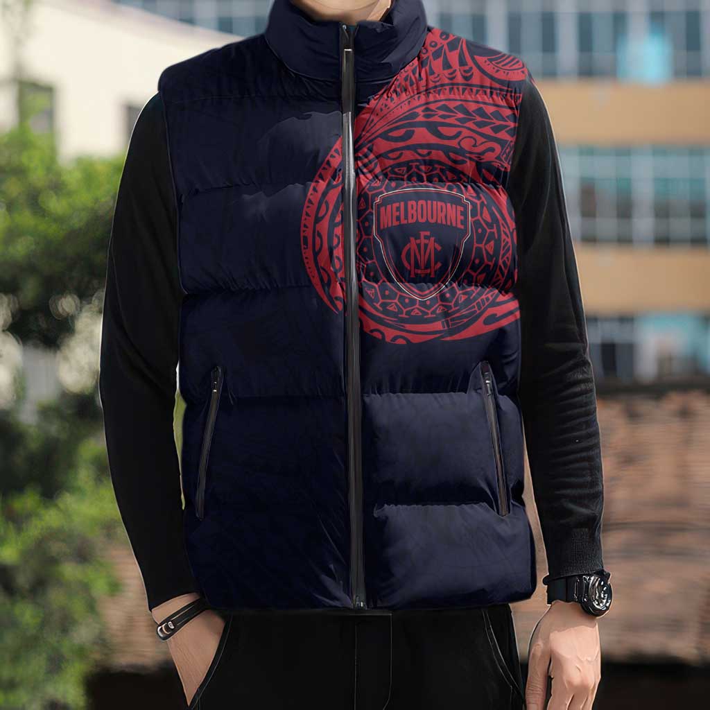 Personalized Melbourne Demons Polynesian Sleeveless Puffer Jacket Tribal Chest and Sleeve Tattoo Heritage Warrior
