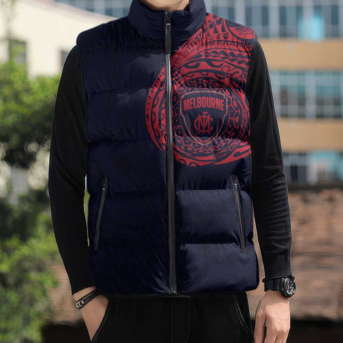 Personalized Melbourne Demons Polynesian Sleeveless Puffer Jacket Tribal Chest and Sleeve Tattoo Heritage Warrior