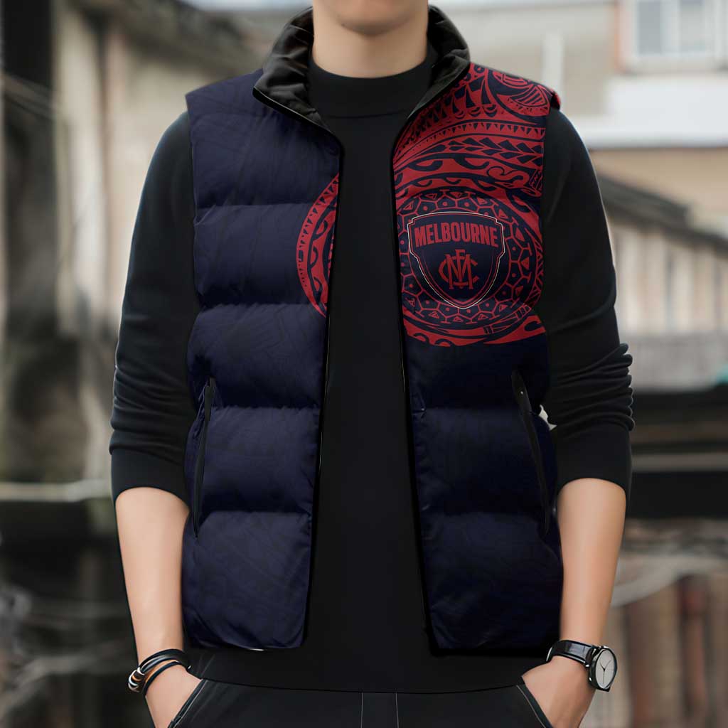 Personalized Melbourne Demons Polynesian Sleeveless Puffer Jacket Tribal Chest and Sleeve Tattoo Heritage Warrior