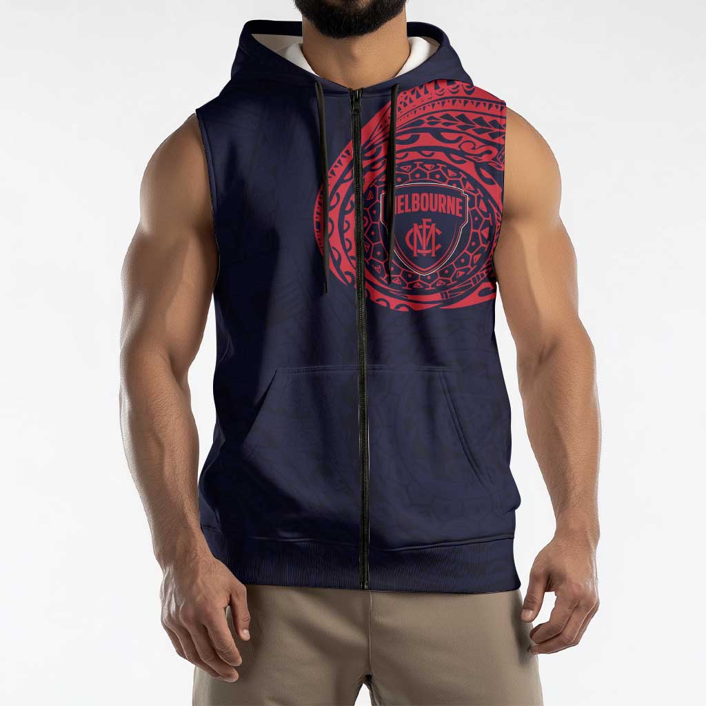 Personalized Melbourne Demons Polynesian Sleeveless Zip Hoodie Tribal Chest and Sleeve Tattoo Heritage Warrior