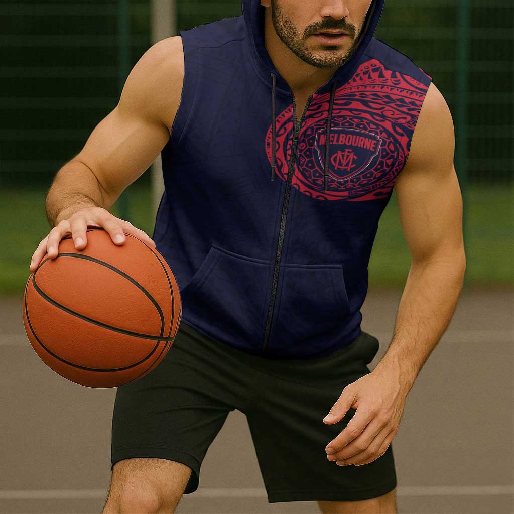 Personalized Melbourne Demons Polynesian Sleeveless Zip Hoodie Tribal Chest and Sleeve Tattoo Heritage Warrior
