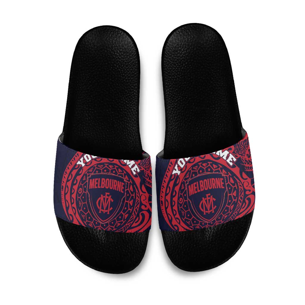 Personalized Melbourne Demons Polynesian Slide Sandals Tribal Chest and Sleeve Tattoo Heritage Warrior