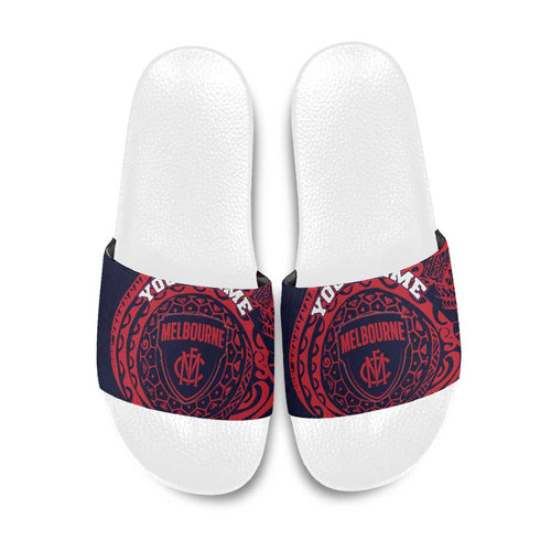 Personalized Melbourne Demons Polynesian Slide Sandals Tribal Chest and Sleeve Tattoo Heritage Warrior
