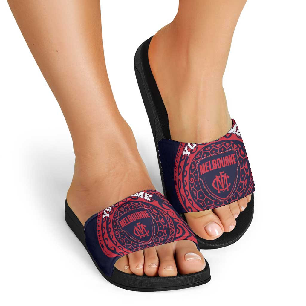 Personalized Melbourne Demons Polynesian Slide Sandals Tribal Chest and Sleeve Tattoo Heritage Warrior