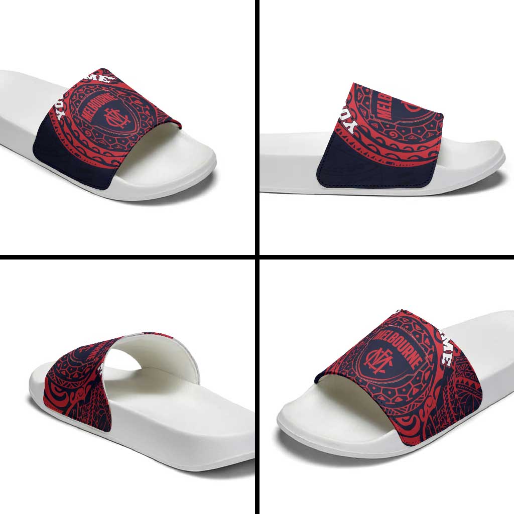 Personalized Melbourne Demons Polynesian Slide Sandals Tribal Chest and Sleeve Tattoo Heritage Warrior