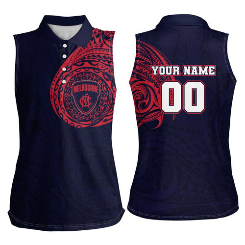 Personalized Melbourne Demons Polynesian Women Sleeveless Polo Shirt Tribal Chest and Sleeve Tattoo Heritage Warrior