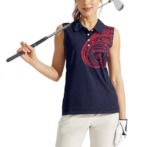 Personalized Melbourne Demons Polynesian Women Sleeveless Polo Shirt Tribal Chest and Sleeve Tattoo Heritage Warrior