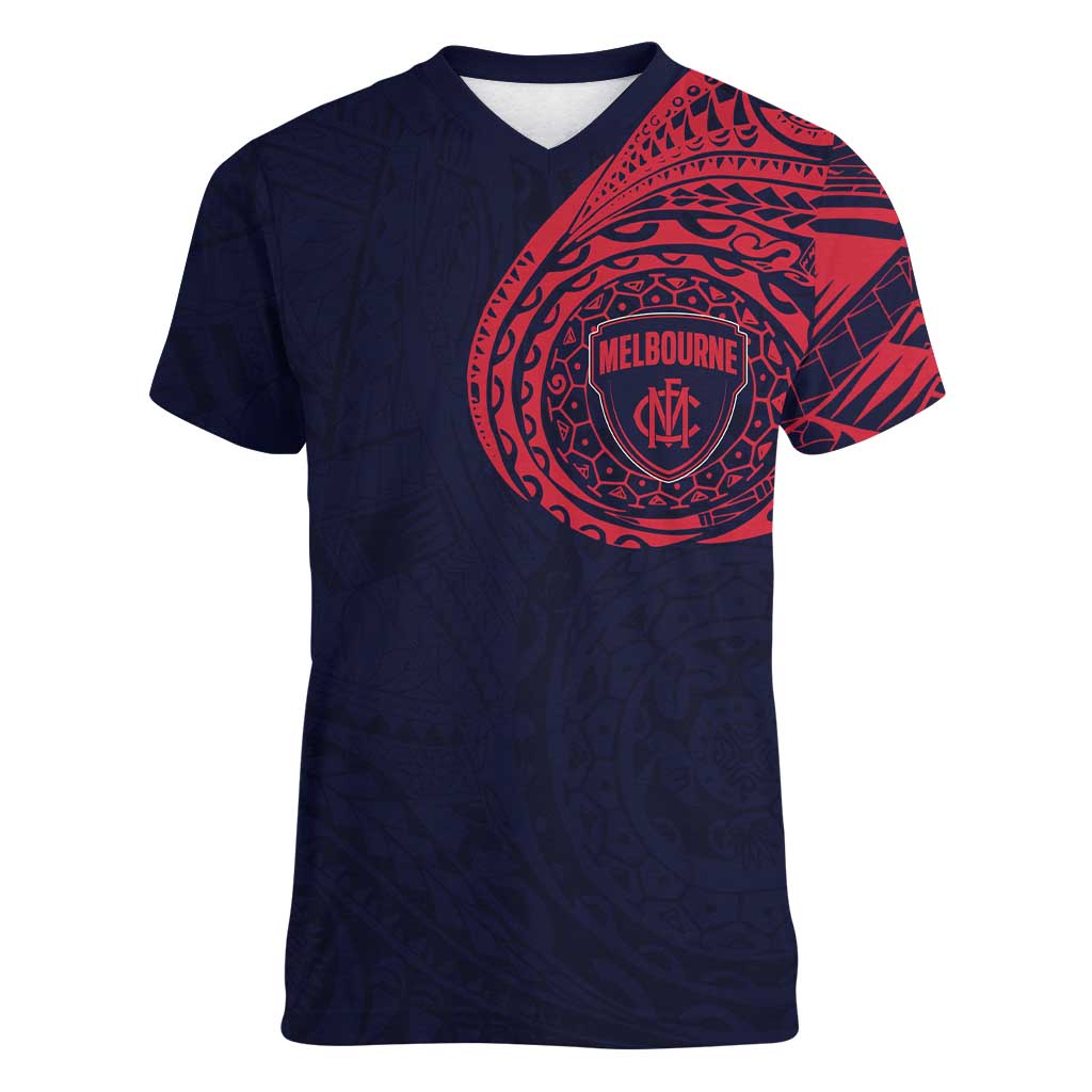 Personalized Melbourne Demons Polynesian Women V-Neck T-Shirt Tribal Chest and Sleeve Tattoo Heritage Warrior