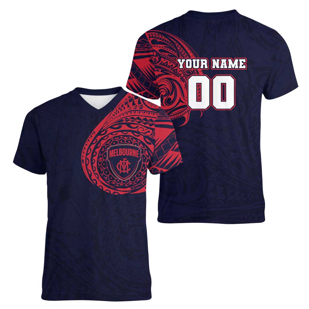Personalized Melbourne Demons Polynesian Women V-Neck T-Shirt Tribal Chest and Sleeve Tattoo Heritage Warrior