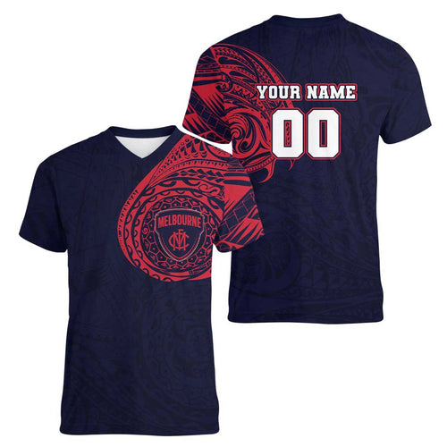 Personalized Melbourne Demons Polynesian Women V-Neck T-Shirt Tribal Chest and Sleeve Tattoo Heritage Warrior