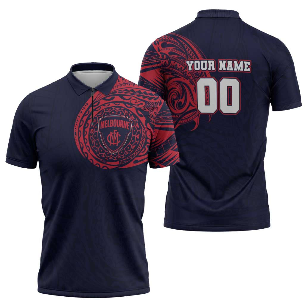 Personalized Melbourne Demons Polynesian Zipper Polo Shirt Tribal Chest and Sleeve Tattoo Heritage Warrior