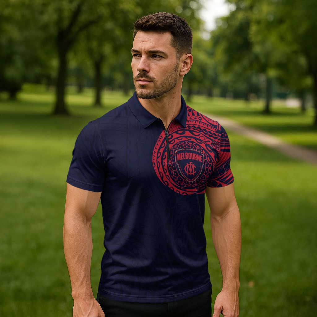 Personalized Melbourne Demons Polynesian Zipper Polo Shirt Tribal Chest and Sleeve Tattoo Heritage Warrior