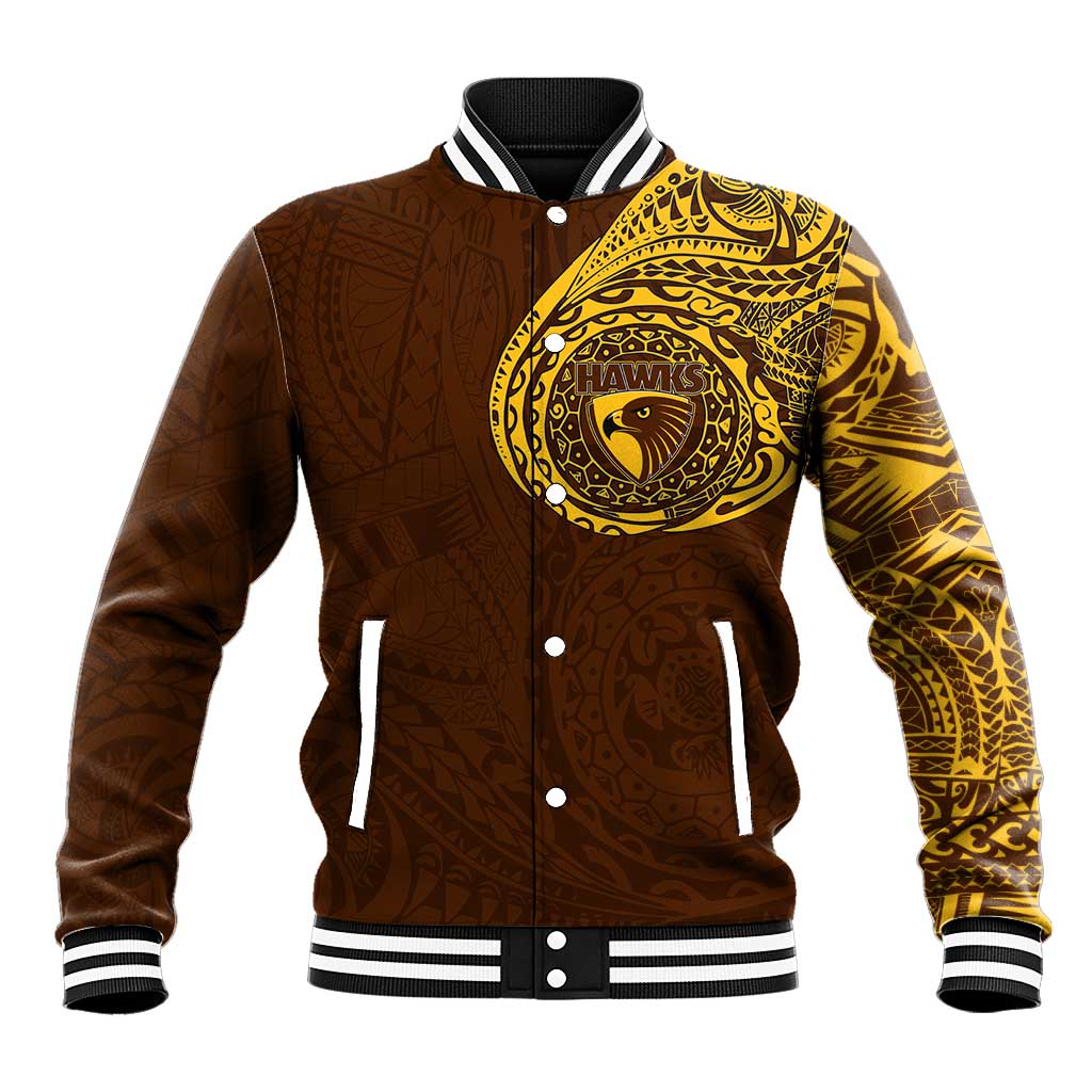 Personalized Hawthorn Hawks Polynesian Baseball Jacket Tribal Chest and Sleeve Tattoo Heritage Warrior