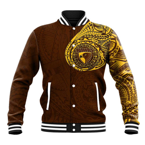 Personalized Hawthorn Hawks Polynesian Baseball Jacket Tribal Chest and Sleeve Tattoo Heritage Warrior
