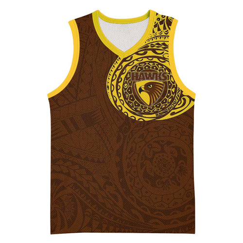 Personalized Hawthorn Hawks Polynesian Basketball Jersey Tribal Chest and Sleeve Tattoo Heritage Warrior
