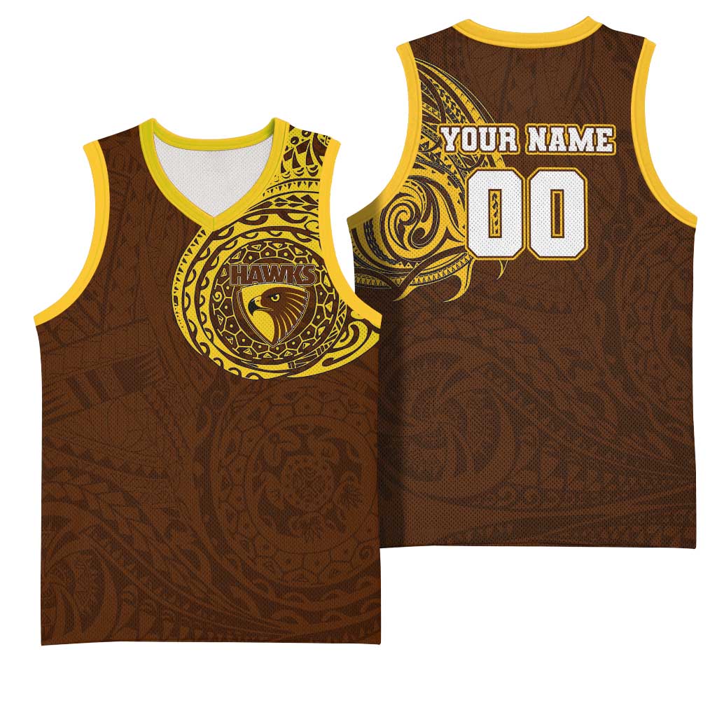 Personalized Hawthorn Hawks Polynesian Basketball Jersey Tribal Chest and Sleeve Tattoo Heritage Warrior