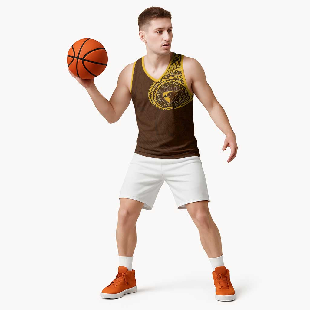 Personalized Hawthorn Hawks Polynesian Basketball Jersey Tribal Chest and Sleeve Tattoo Heritage Warrior