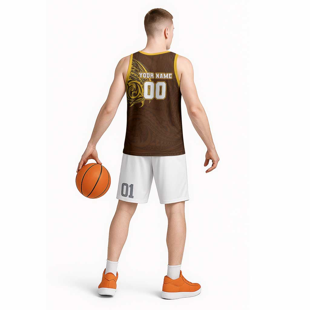 Personalized Hawthorn Hawks Polynesian Basketball Jersey Tribal Chest and Sleeve Tattoo Heritage Warrior