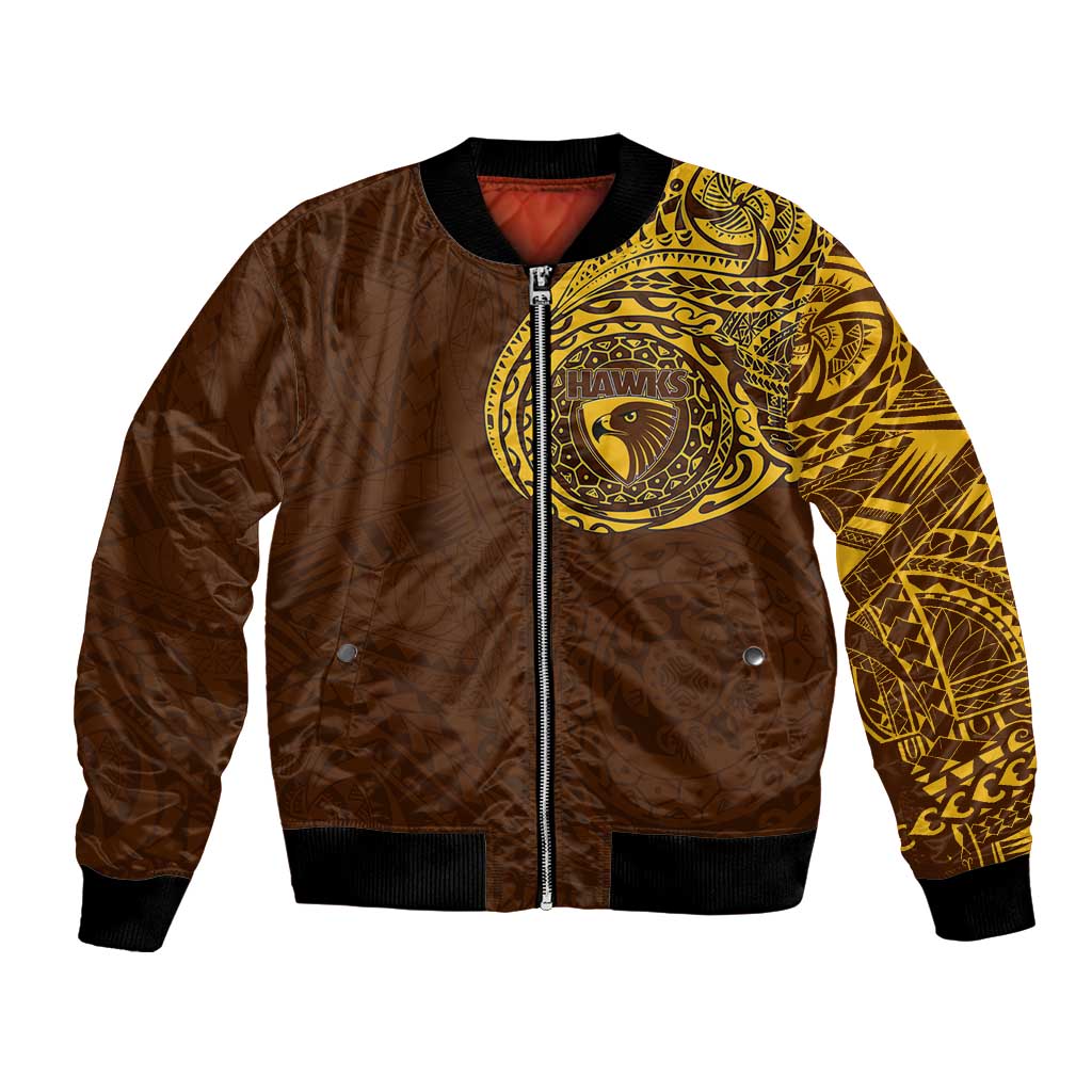 Personalized Hawthorn Hawks Polynesian Bomber Jacket Tribal Chest and Sleeve Tattoo Heritage Warrior
