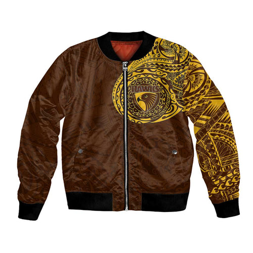 Personalized Hawthorn Hawks Polynesian Bomber Jacket Tribal Chest and Sleeve Tattoo Heritage Warrior