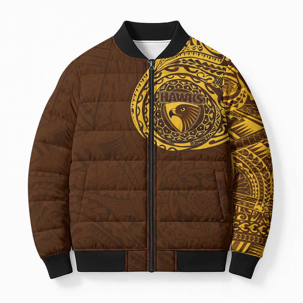 Personalized Hawthorn Hawks Polynesian Bomber Puffer Jacket Tribal Chest and Sleeve Tattoo Heritage Warrior