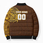 Personalized Hawthorn Hawks Polynesian Bomber Puffer Jacket Tribal Chest and Sleeve Tattoo Heritage Warrior