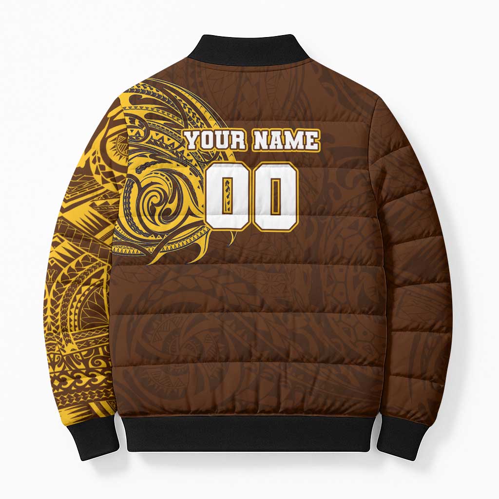 Personalized Hawthorn Hawks Polynesian Bomber Puffer Jacket Tribal Chest and Sleeve Tattoo Heritage Warrior