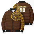 Personalized Hawthorn Hawks Polynesian Bomber Puffer Jacket Tribal Chest and Sleeve Tattoo Heritage Warrior