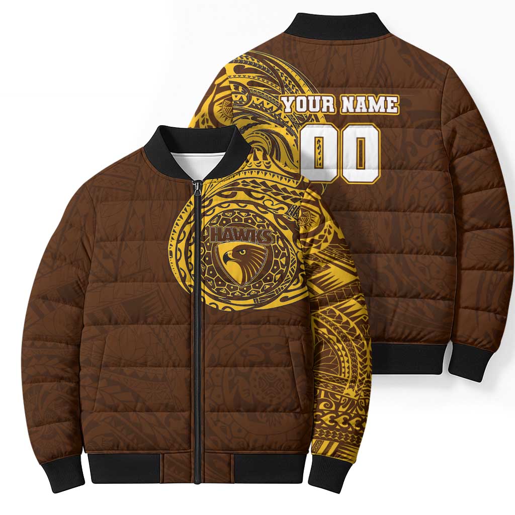Personalized Hawthorn Hawks Polynesian Bomber Puffer Jacket Tribal Chest and Sleeve Tattoo Heritage Warrior
