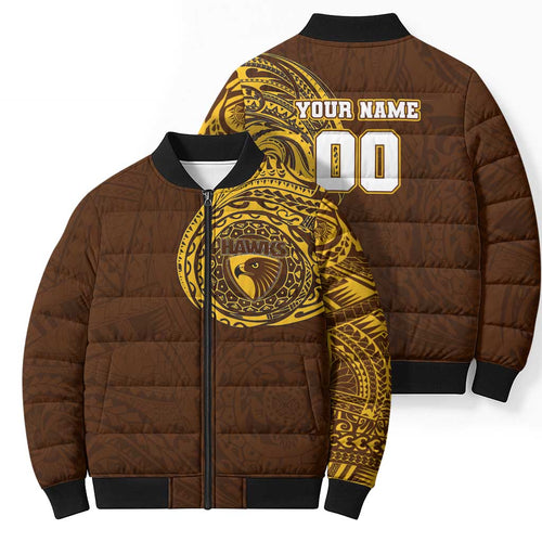 Personalized Hawthorn Hawks Polynesian Bomber Puffer Jacket Tribal Chest and Sleeve Tattoo Heritage Warrior