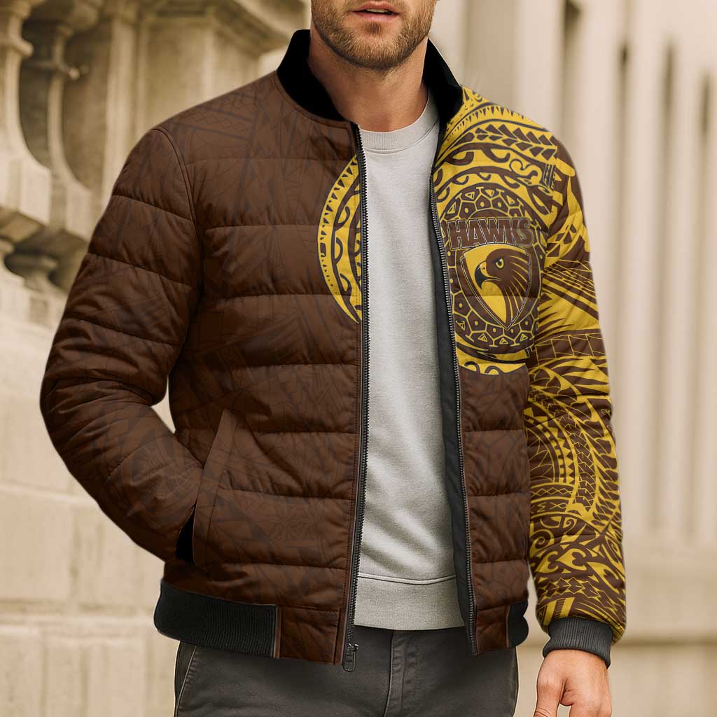 Personalized Hawthorn Hawks Polynesian Bomber Puffer Jacket Tribal Chest and Sleeve Tattoo Heritage Warrior