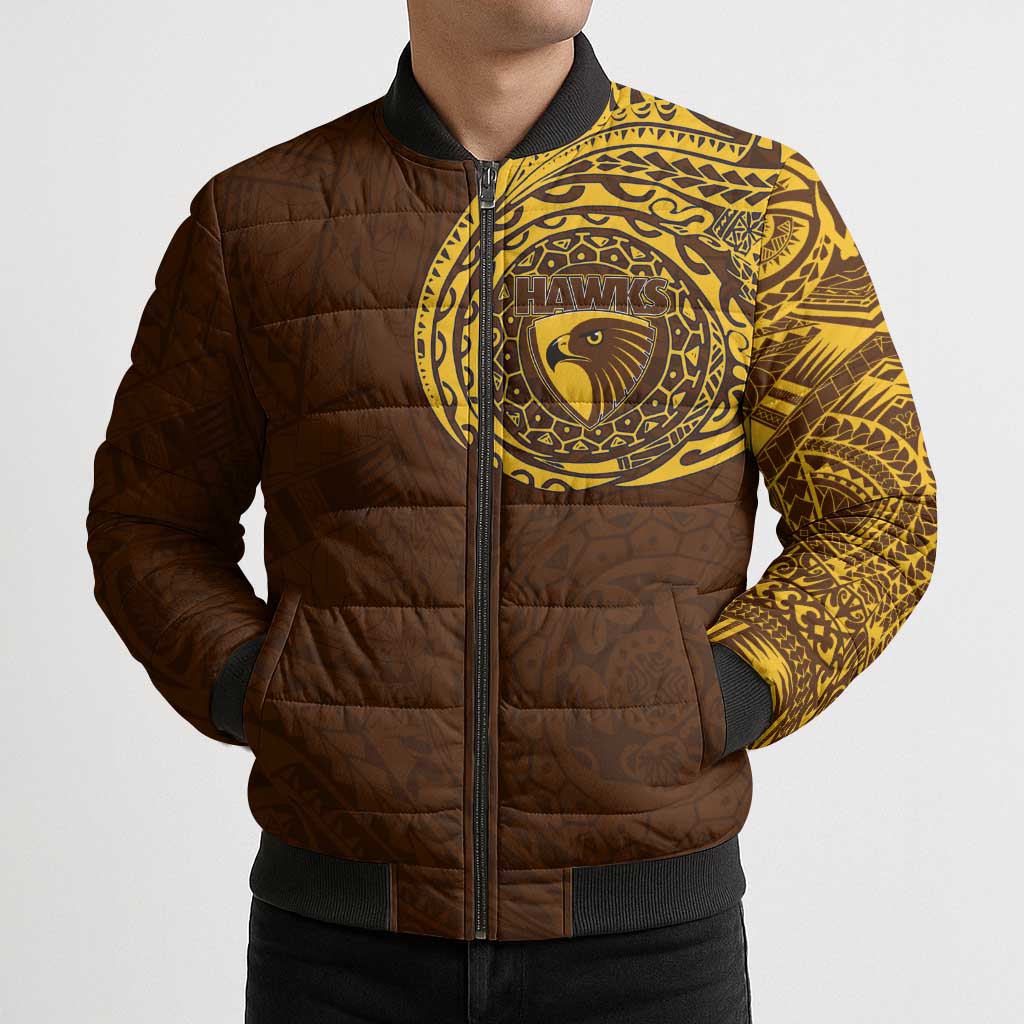 Personalized Hawthorn Hawks Polynesian Bomber Puffer Jacket Tribal Chest and Sleeve Tattoo Heritage Warrior