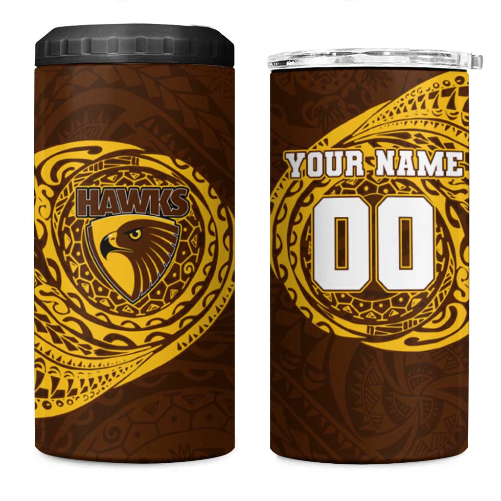 Personalized Hawthorn Hawks Polynesian 4 in 1 Can Cooler Tumbler Tribal Chest and Sleeve Tattoo Heritage Warrior