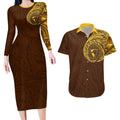 Personalized Hawthorn Hawks Polynesian Couples Matching Long Sleeve Bodycon Dress and Hawaiian Shirt Tribal Chest and Sleeve Tattoo Heritage Warrior